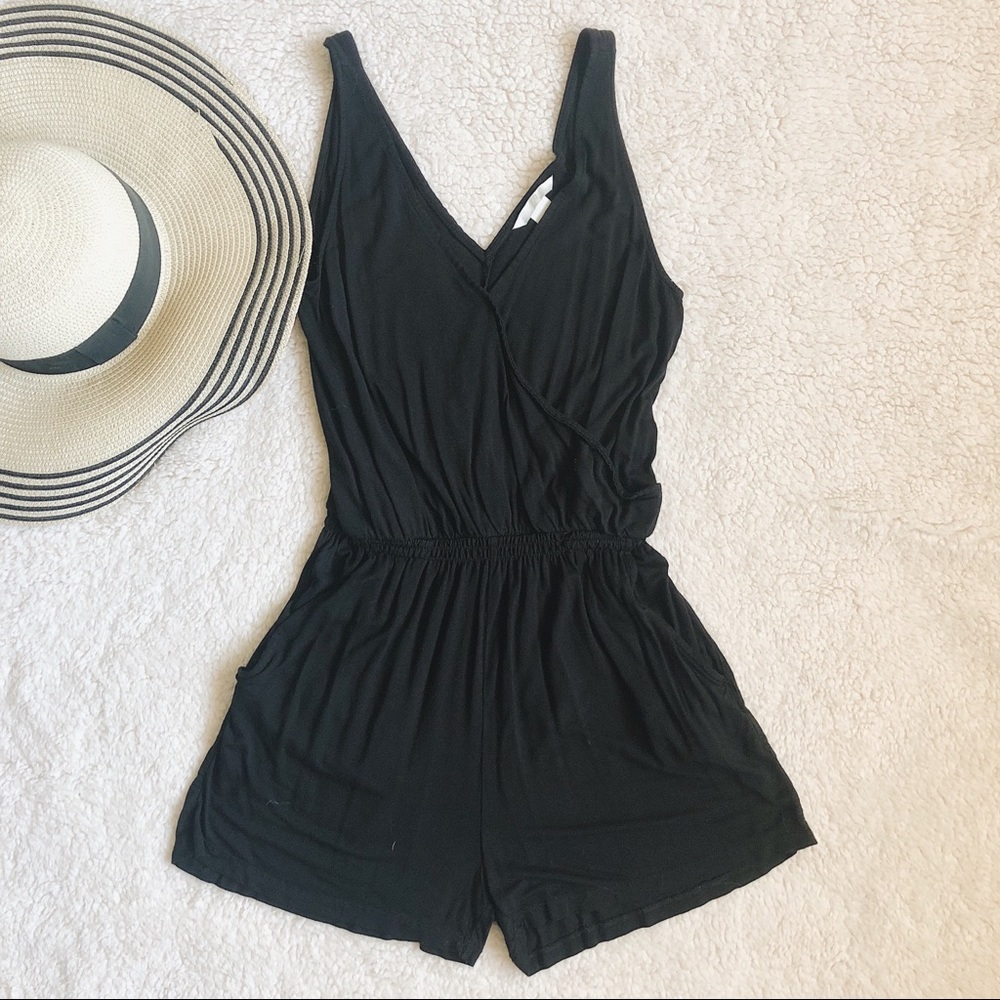 Black Romper | V-Neck + Pockets